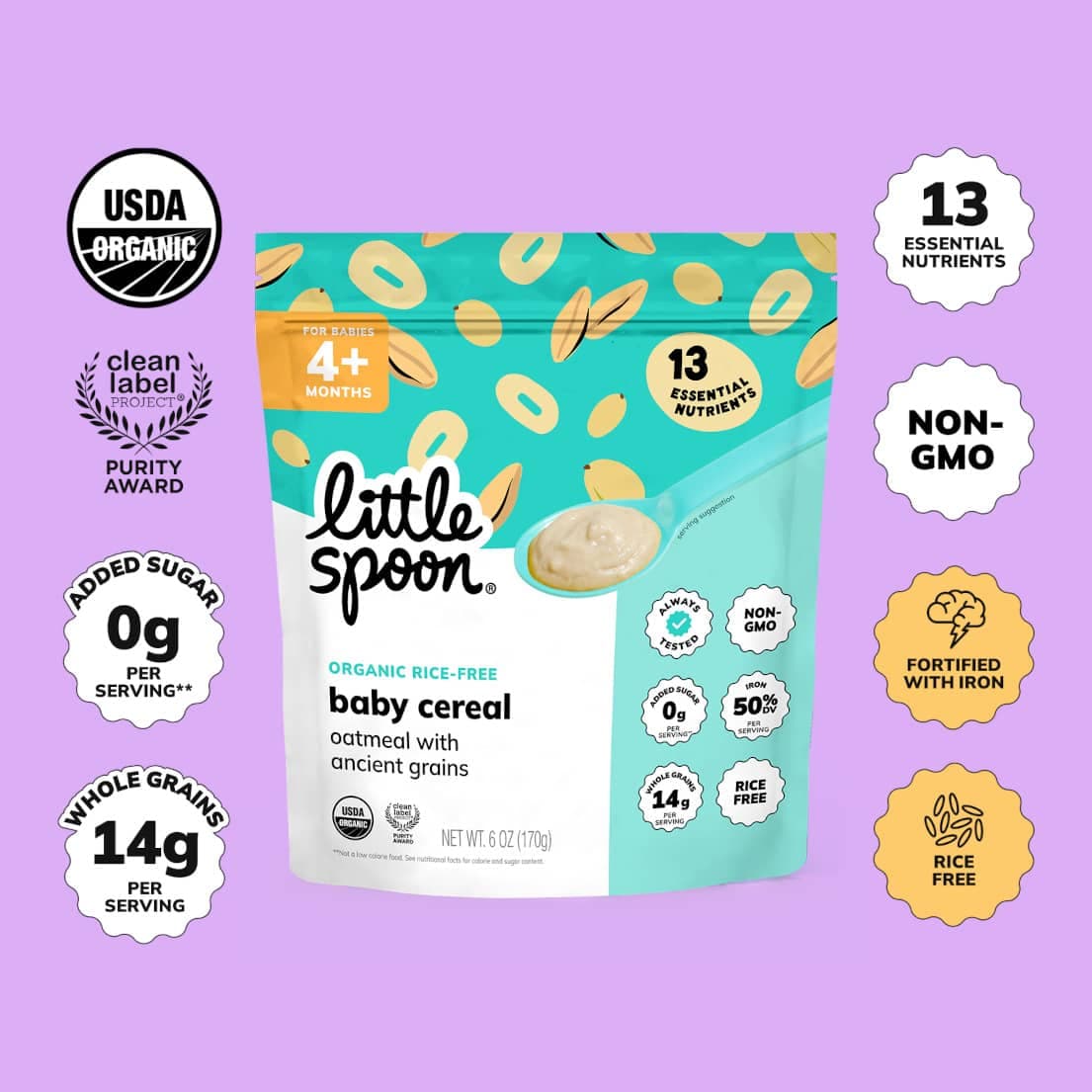 Little Spoon Organic Oatmeal baby cereal packaging on a light blue background, labeled for 4+ months with benefits like USDA Organic, 0g added sugar, 14g whole grains, and allergen-free.